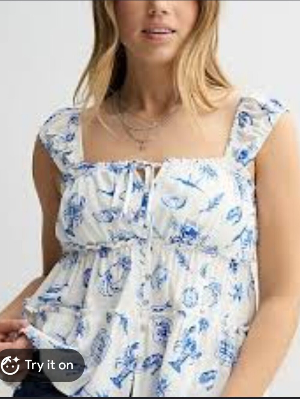 Beachy Square-Neck Ruffle Tank Top - Blue/White M